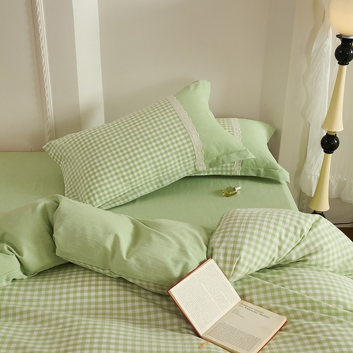 91家纺网 家纺一手货源 找家纺 喜四方 2026新款100%全棉纯棉色织水洗棉花边工艺款四件套-系列一 小欢喜-绿