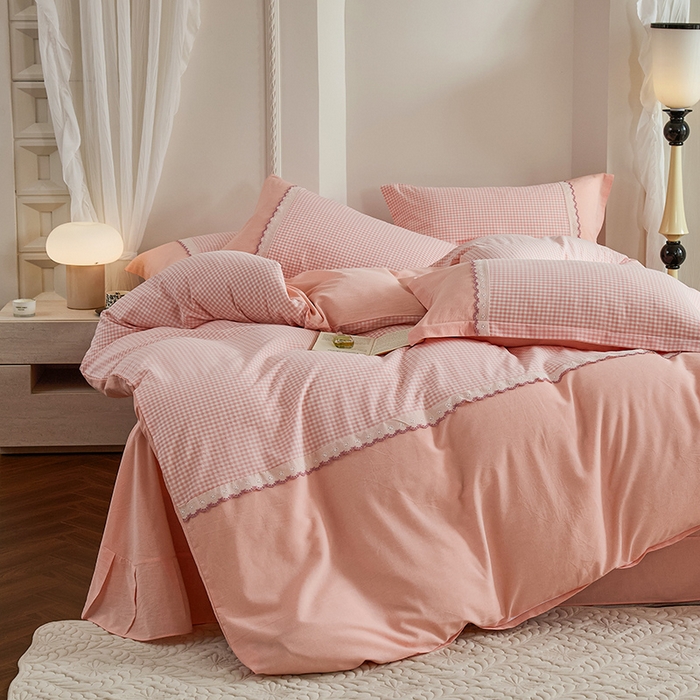 91家纺网 家纺一手货源 找家纺 喜四方 2026新款100%全棉纯棉色织水洗棉花边工艺款四件套-系列一 小确幸-粉