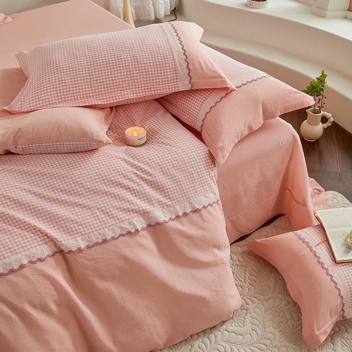 91家纺网 家纺一手货源 找家纺 喜四方 2026新款100%全棉纯棉色织水洗棉花边工艺款四件套-系列一 小确幸-粉