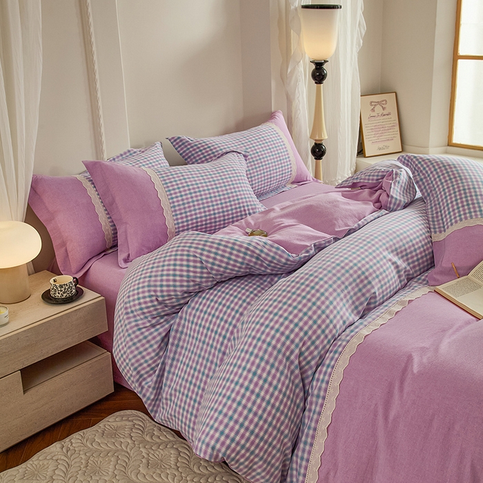 91家纺网 家纺一手货源 找家纺 喜四方 2026新款100%全棉纯棉色织水洗棉花边工艺款四件套-系列一 小时光-紫