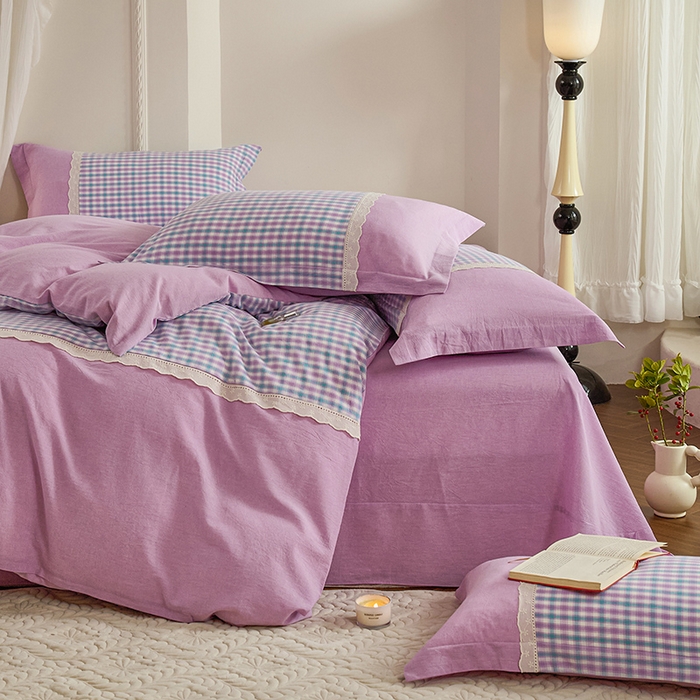 91家纺网 家纺一手货源 找家纺 喜四方 2026新款100%全棉纯棉色织水洗棉花边工艺款四件套-系列一 小时光-紫