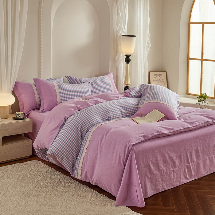 91家纺网 家纺一手货源 找家纺 喜四方 2026新款100%全棉纯棉色织水洗棉花边工艺款四件套-系列一 小时光-紫