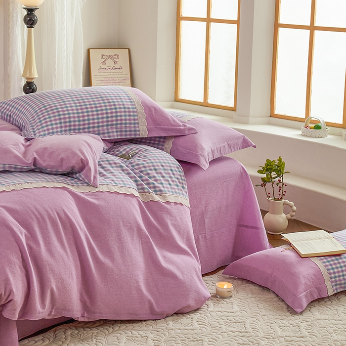 91家纺网 家纺一手货源 找家纺 喜四方 2026新款100%全棉纯棉色织水洗棉花边工艺款四件套-系列一 小时光-紫