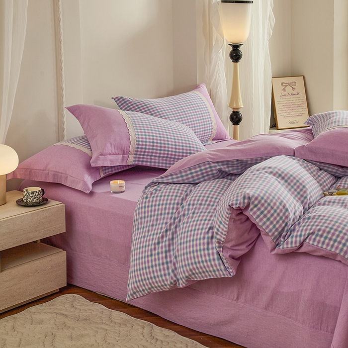 91家纺网 家纺一手货源 找家纺 喜四方 2026新款100%全棉纯棉色织水洗棉花边工艺款四件套-系列一 小时光-紫