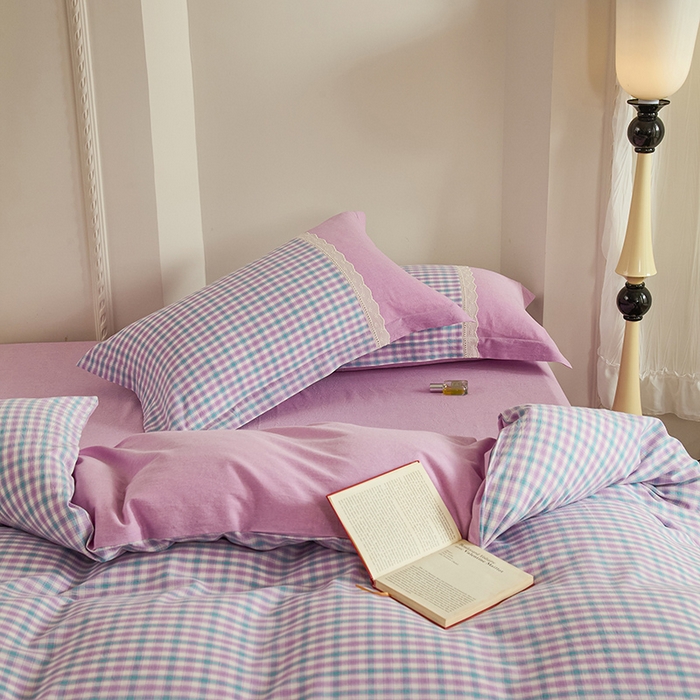 91家纺网 家纺一手货源 找家纺 喜四方 2026新款100%全棉纯棉色织水洗棉花边工艺款四件套-系列一 小时光-紫