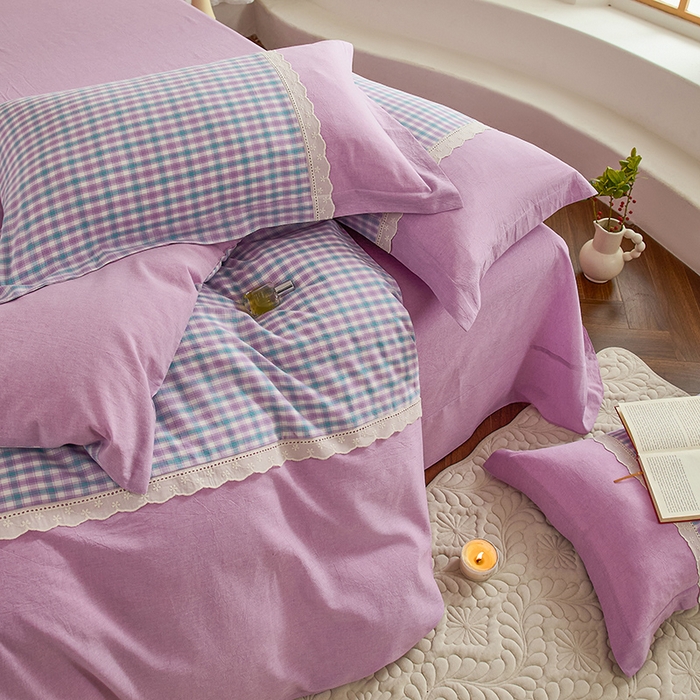 91家纺网 家纺一手货源 找家纺 喜四方 2026新款100%全棉纯棉色织水洗棉花边工艺款四件套-系列一 小时光-紫