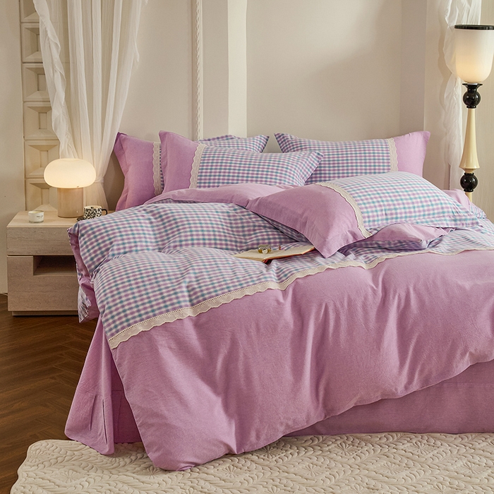 91家纺网 家纺一手货源 找家纺 喜四方 2026新款100%全棉纯棉色织水洗棉花边工艺款四件套-系列一 小时光-紫