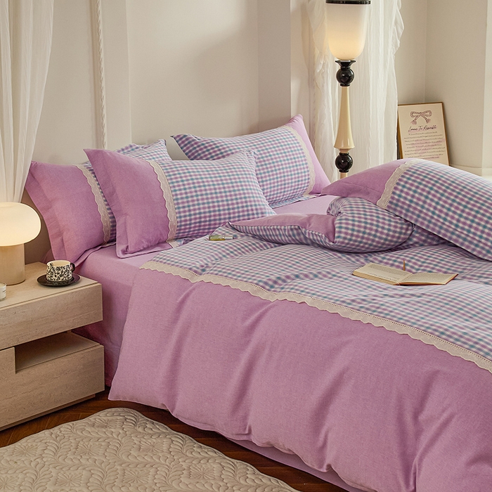 91家纺网 家纺一手货源 找家纺 喜四方 2026新款100%全棉纯棉色织水洗棉花边工艺款四件套-系列一 小时光-紫