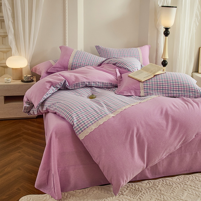 91家纺网 家纺一手货源 找家纺 喜四方 2026新款100%全棉纯棉色织水洗棉花边工艺款四件套-系列一 小时光-紫