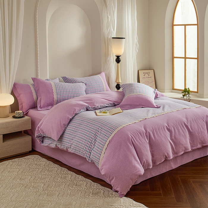 91家纺网 家纺一手货源 找家纺 喜四方 2026新款100%全棉纯棉色织水洗棉花边工艺款四件套-系列一 小时光-紫