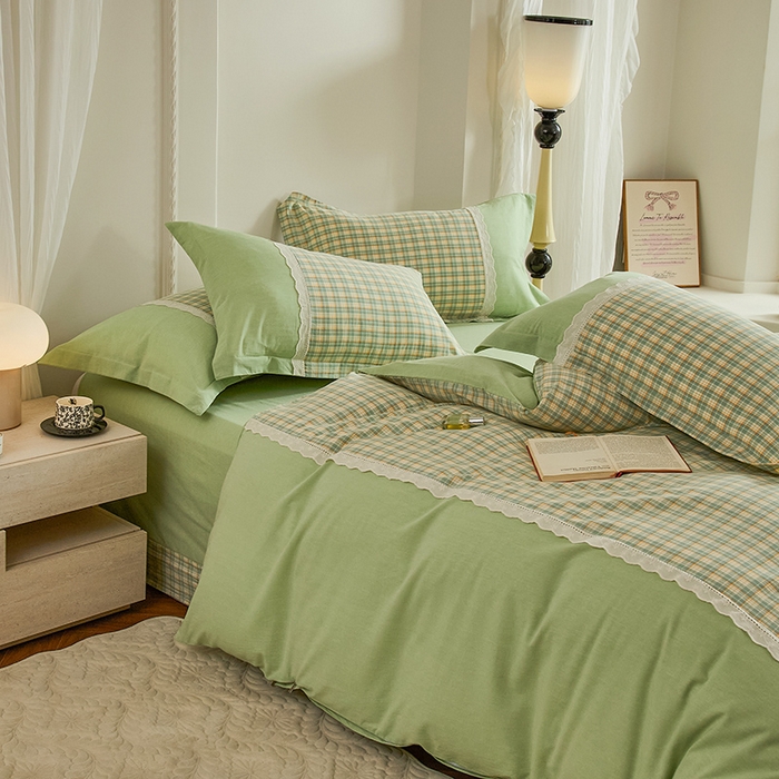 91家纺网 家纺一手货源 找家纺 喜四方 2026新款100%全棉纯棉色织水洗棉花边工艺款四件套-系列一 遇见-绿