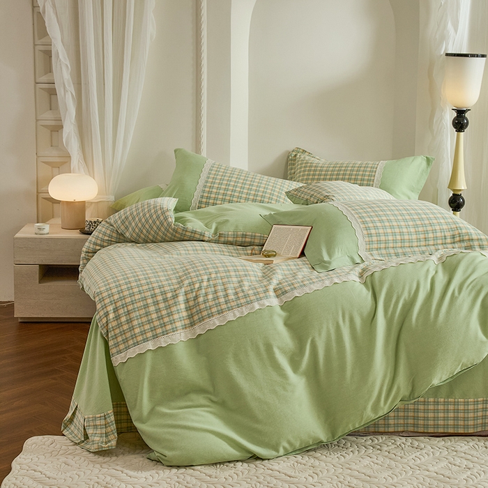 91家纺网 家纺一手货源 找家纺 喜四方 2026新款100%全棉纯棉色织水洗棉花边工艺款四件套-系列一 遇见-绿