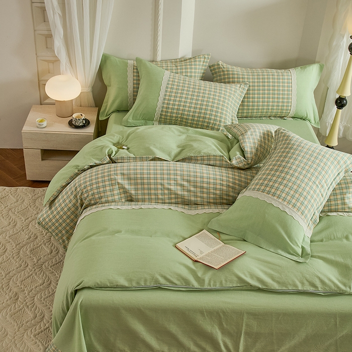 91家纺网 家纺一手货源 找家纺 喜四方 2026新款100%全棉纯棉色织水洗棉花边工艺款四件套-系列一 遇见-绿