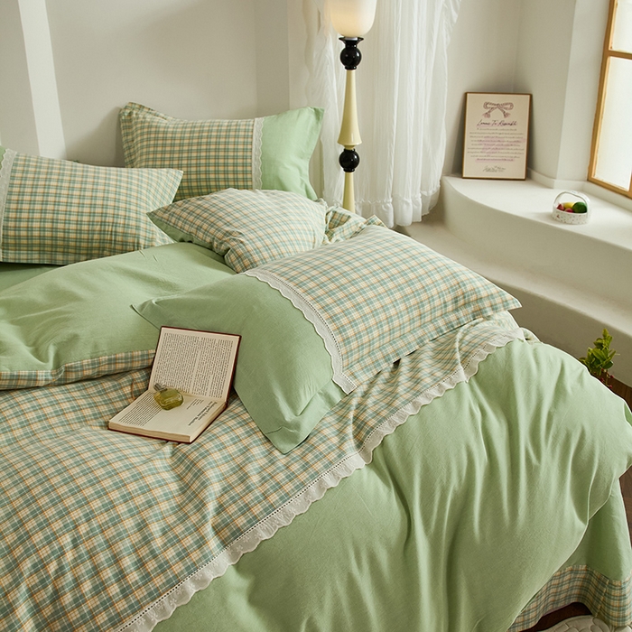 91家纺网 家纺一手货源 找家纺 喜四方 2026新款100%全棉纯棉色织水洗棉花边工艺款四件套-系列一 遇见-绿