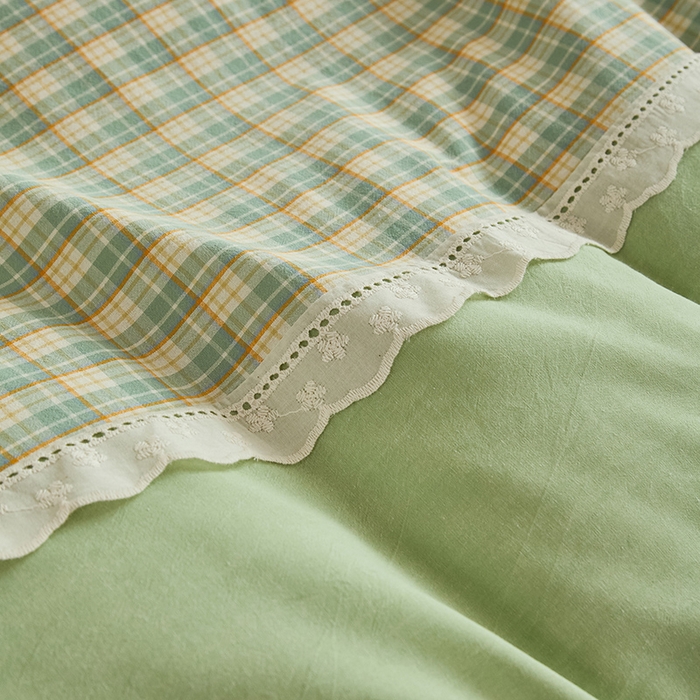 91家纺网 家纺一手货源 找家纺 喜四方 2026新款100%全棉纯棉色织水洗棉花边工艺款四件套-系列一 遇见-绿