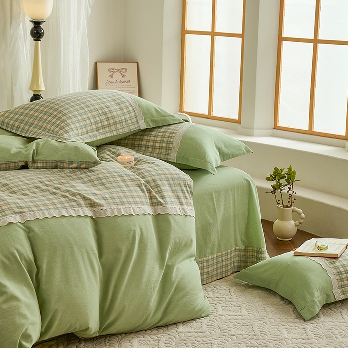 91家纺网 家纺一手货源 找家纺 喜四方 2026新款100%全棉纯棉色织水洗棉花边工艺款四件套-系列一 遇见-绿