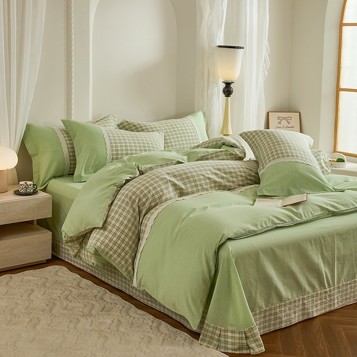 91家纺网 家纺一手货源 找家纺 喜四方 2026新款100%全棉纯棉色织水洗棉花边工艺款四件套-系列一 遇见-绿