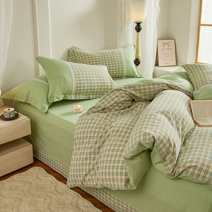 91家纺网 家纺一手货源 找家纺 喜四方 2026新款100%全棉纯棉色织水洗棉花边工艺款四件套-系列一 遇见-绿