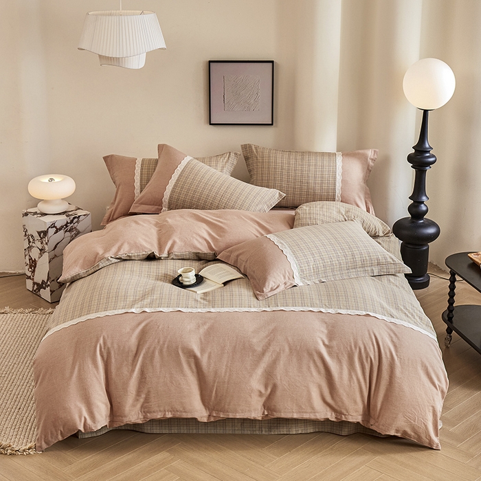 91家纺网 家纺一手货源 找家纺 （总）喜四方 2026新款100%全棉纯棉色织水洗棉花边工艺款四件套-系列一