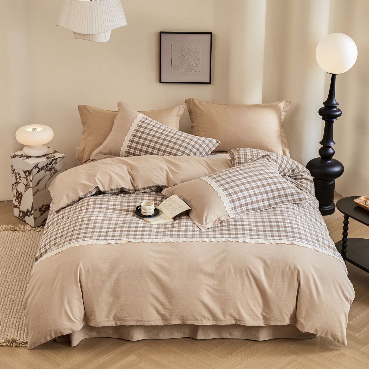 91家纺网 家纺一手货源 找家纺 （总）喜四方 2026新款100%全棉纯棉色织水洗棉花边工艺款四件套-系列一