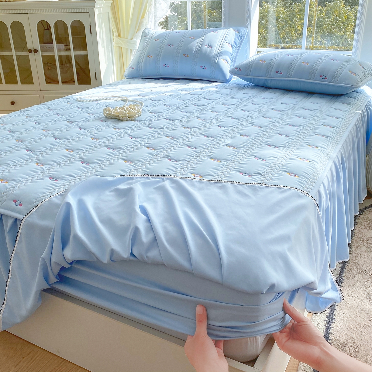 尊康家纺（原磊科） 2026新款奶昔棉抗菌夹棉床裙款床笠-云尚系列 云尚-天空蓝