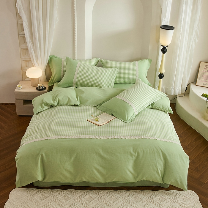 91家纺网 家纺一手货源 找家纺 （总）喜四方 2026新款100%全棉纯棉色织水洗棉花边工艺款四件套-系列一