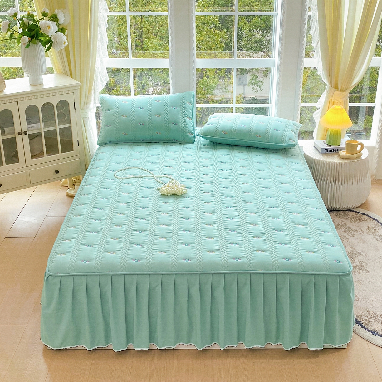 91家纺网 家纺一手货源 找家纺 尊康家纺（原磊科） 2026新款奶昔棉抗菌夹棉床裙款床笠-云尚系列 云尚-薄荷绿