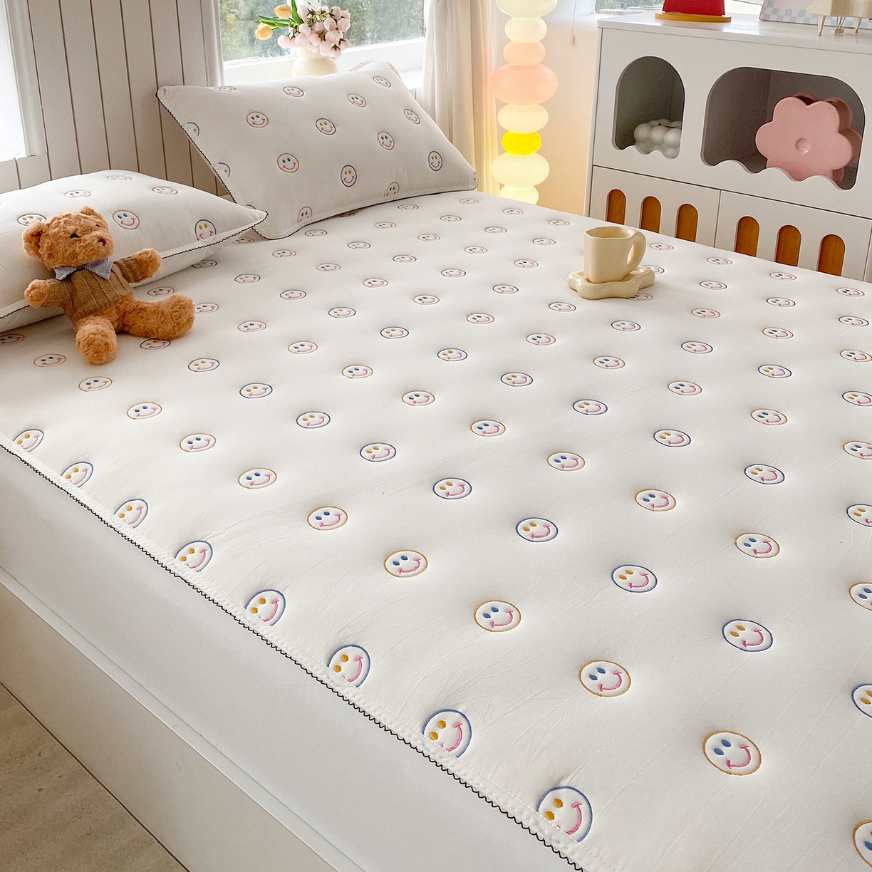 91家纺网 家纺一手货源 找家纺 尊康家纺（原磊科） 2026新款全棉水洗棉色织大豆棉床笠-艾薇儿系列 艾薇儿-珍珠白