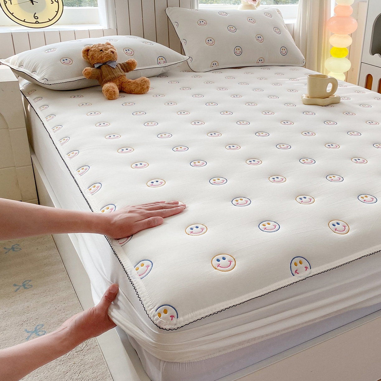 91家纺网 家纺一手货源 找家纺 尊康家纺（原磊科） 2026新款全棉水洗棉色织大豆棉床笠-艾薇儿系列 艾薇儿-珍珠白