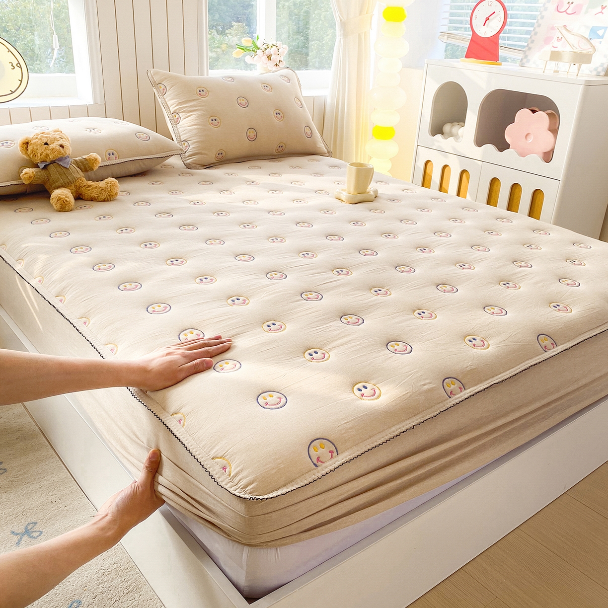 91家纺网 家纺一手货源 找家纺 尊康家纺（原磊科） 2026新款全棉水洗棉色织大豆棉床笠-艾薇儿系列 艾薇儿-香槟