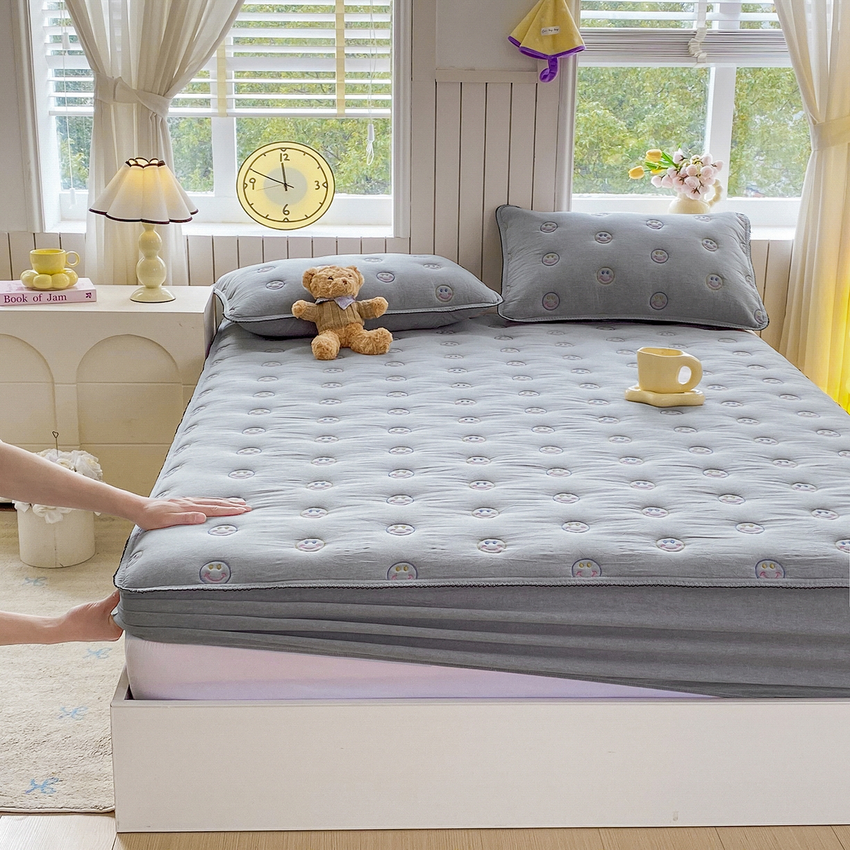 尊康家纺（原磊科） 2026新款全棉水洗棉色织大豆棉床笠-艾薇儿系列 艾薇儿-绅士灰