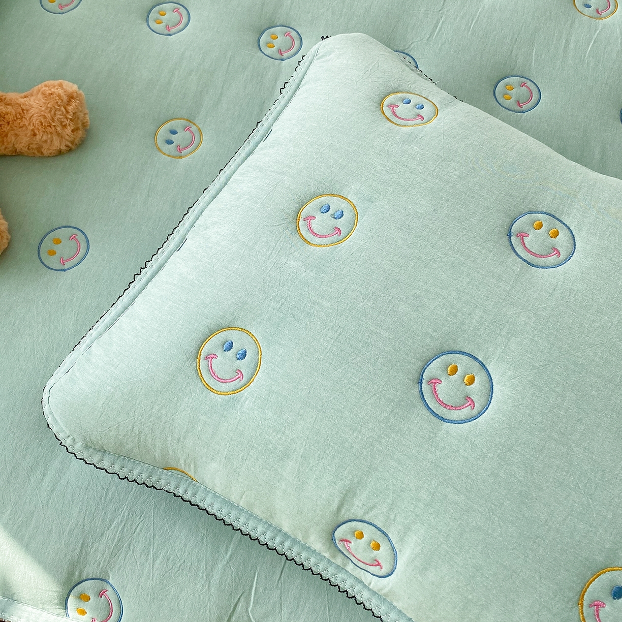 91家纺网 家纺一手货源 找家纺 尊康家纺（原磊科） 2026新款全棉水洗棉色织大豆棉床笠-艾薇儿系列 艾薇儿-薄荷绿