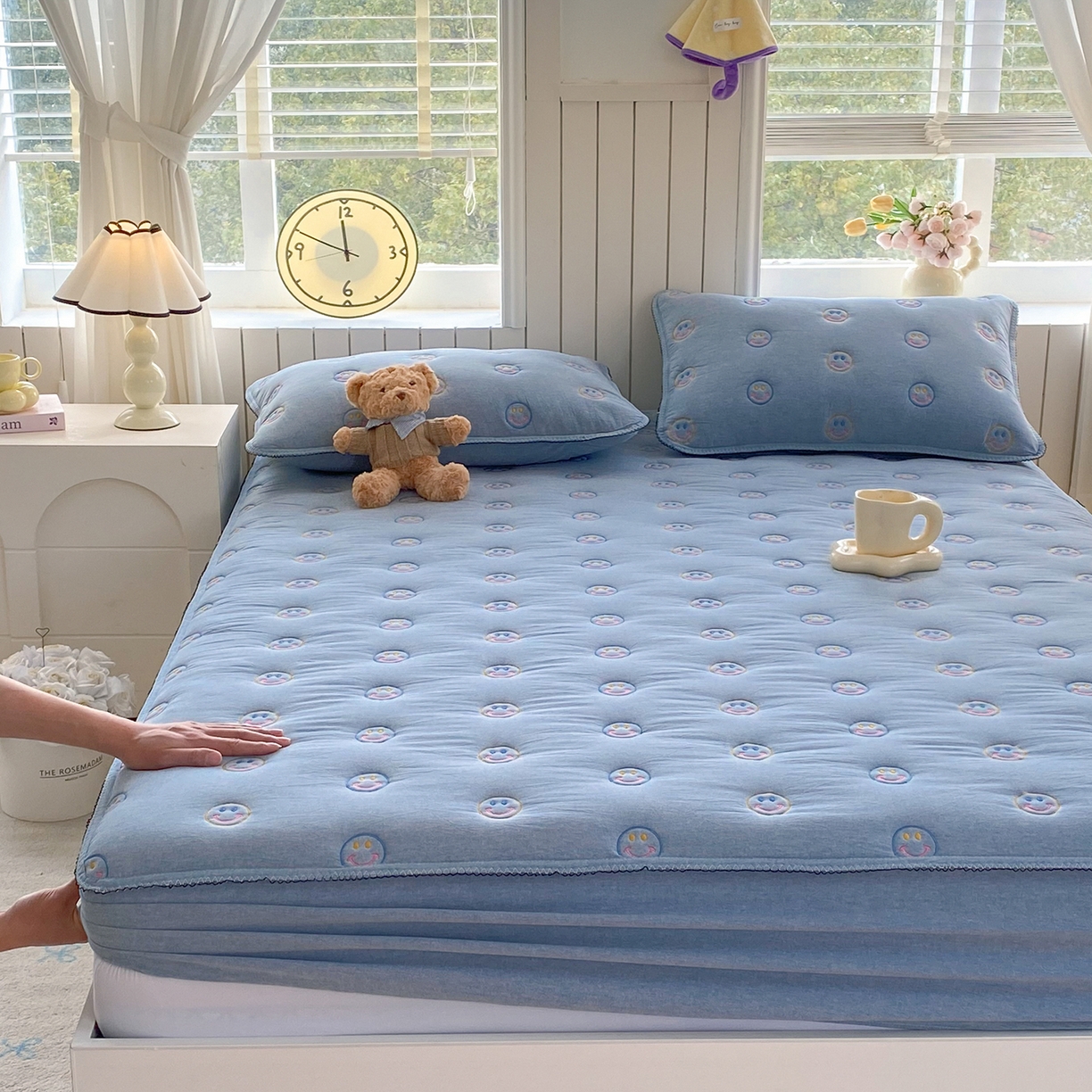 尊康家纺（原磊科） 2026新款全棉水洗棉色织大豆棉床笠-艾薇儿系列 艾薇儿-天空蓝