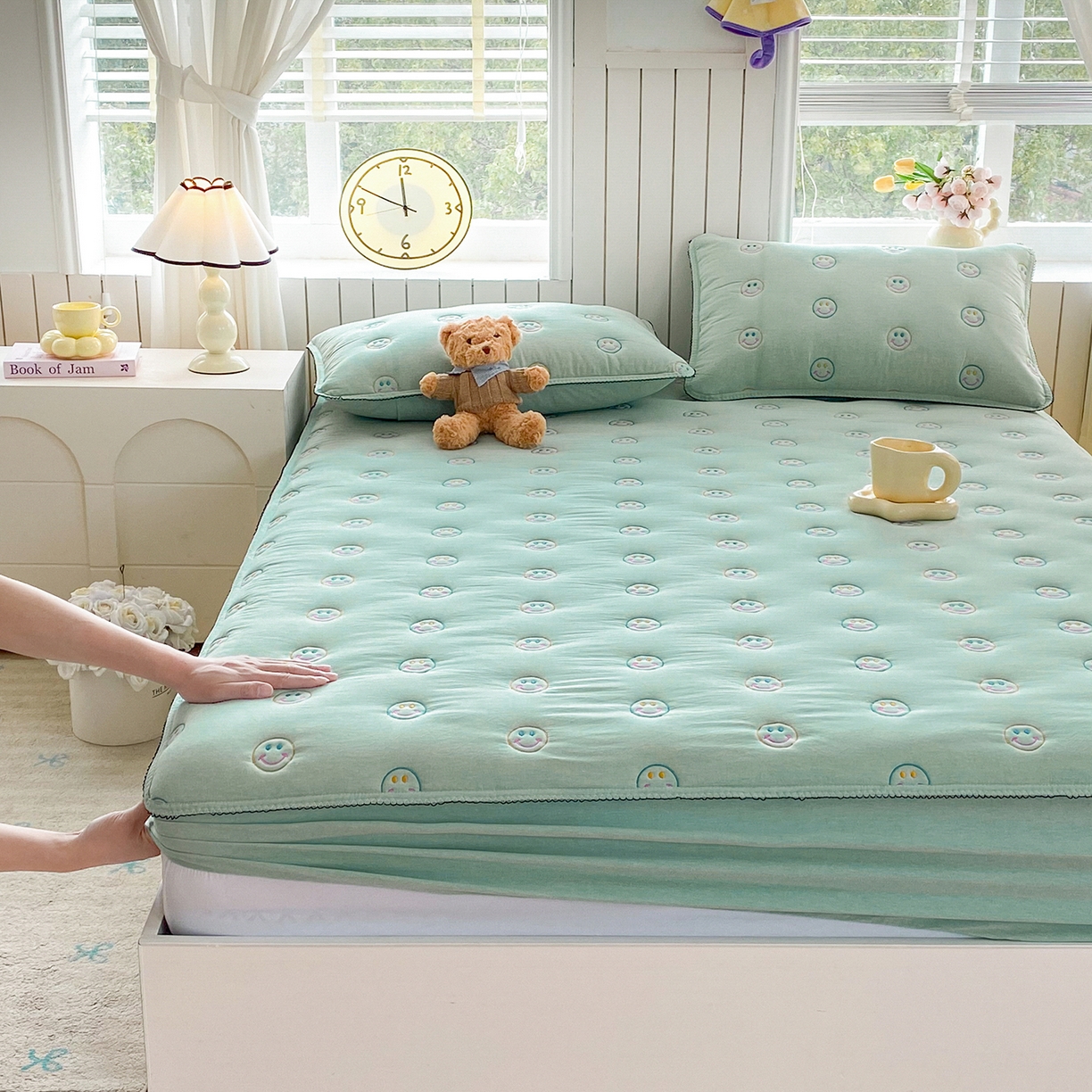 尊康家纺（原磊科） 2026新款全棉水洗棉色织大豆棉床笠-艾薇儿系列 艾薇儿-薄荷绿