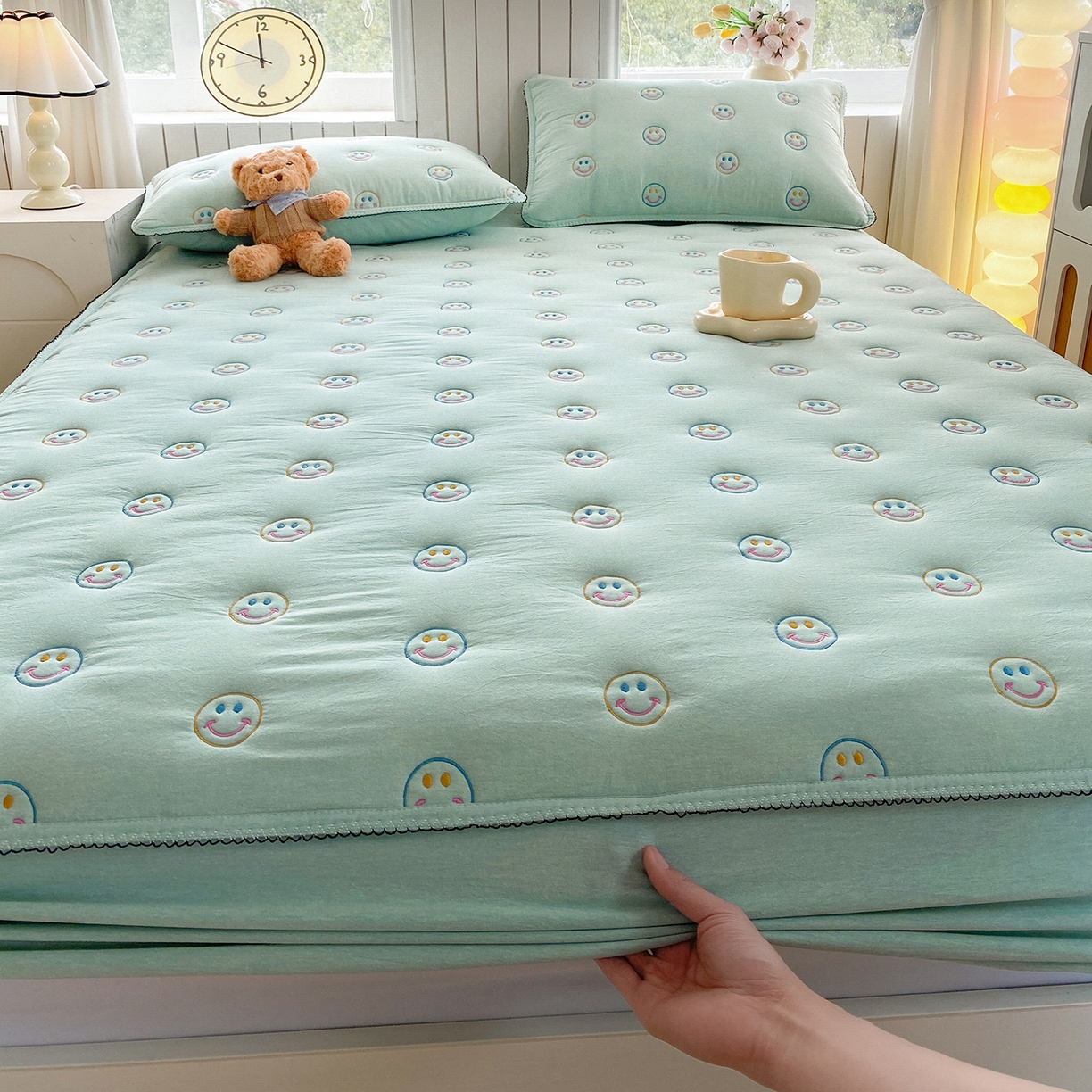 91家纺网 家纺一手货源 找家纺 尊康家纺（原磊科） 2026新款全棉水洗棉色织大豆棉床笠-艾薇儿系列 艾薇儿-薄荷绿