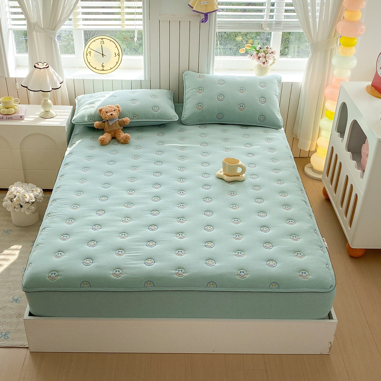 91家纺网 家纺一手货源 找家纺 尊康家纺（原磊科） 2026新款全棉水洗棉色织大豆棉床笠-艾薇儿系列 艾薇儿-薄荷绿