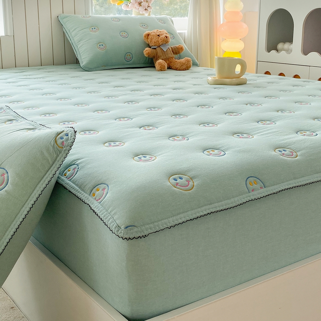 91家纺网 家纺一手货源 找家纺 尊康家纺（原磊科） 2026新款全棉水洗棉色织大豆棉床笠-艾薇儿系列 艾薇儿-薄荷绿