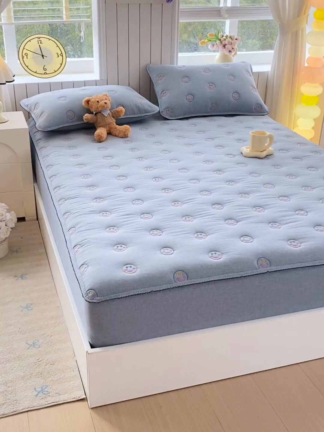 91家纺网 家纺一手货源 找家纺 尊康家纺（原磊科） 2026新款全棉水洗棉色织大豆棉床笠-艾薇儿系列 艾薇儿-天空蓝