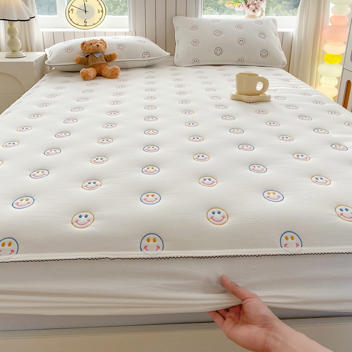 91家纺网 家纺一手货源 找家纺 尊康家纺（原磊科） 2026新款全棉水洗棉色织大豆棉床笠-艾薇儿系列 艾薇儿-珍珠白