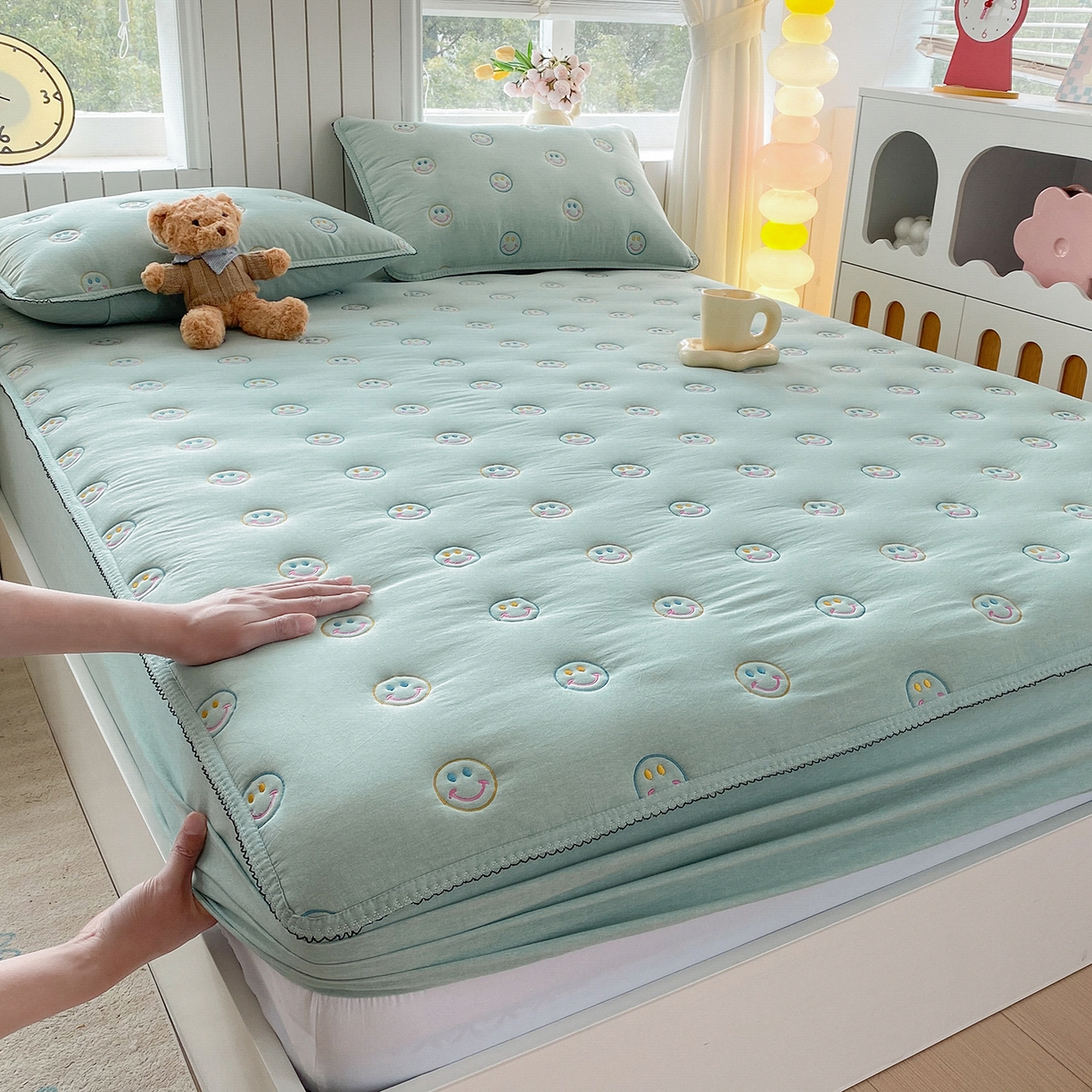 91家纺网 家纺一手货源 找家纺 尊康家纺（原磊科） 2026新款全棉水洗棉色织大豆棉床笠-艾薇儿系列 艾薇儿-薄荷绿