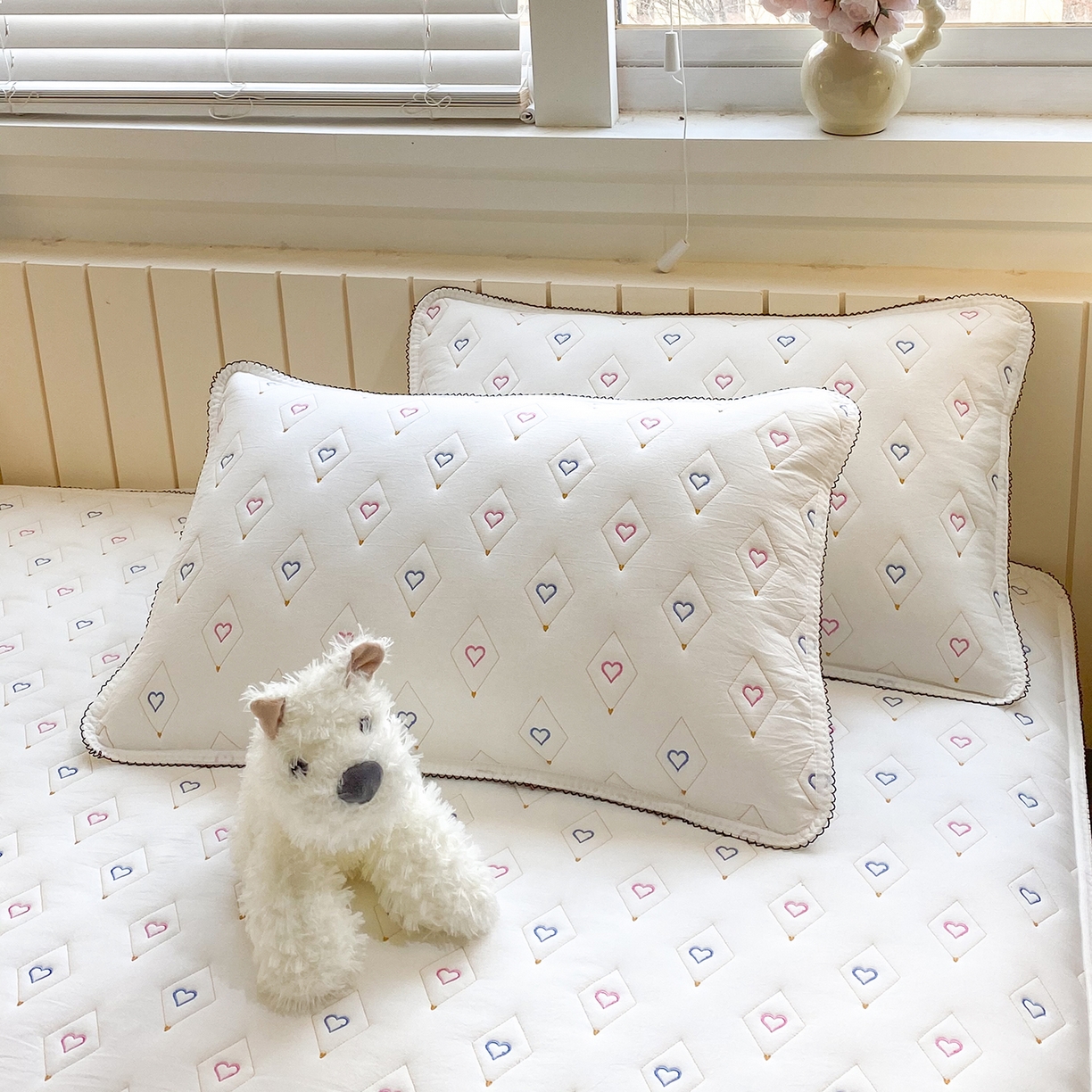 91家纺网 家纺一手货源 找家纺 尊康家纺（原磊科） 2026新款全棉水洗棉色织大豆棉床笠-心语系列 心语-珍珠白