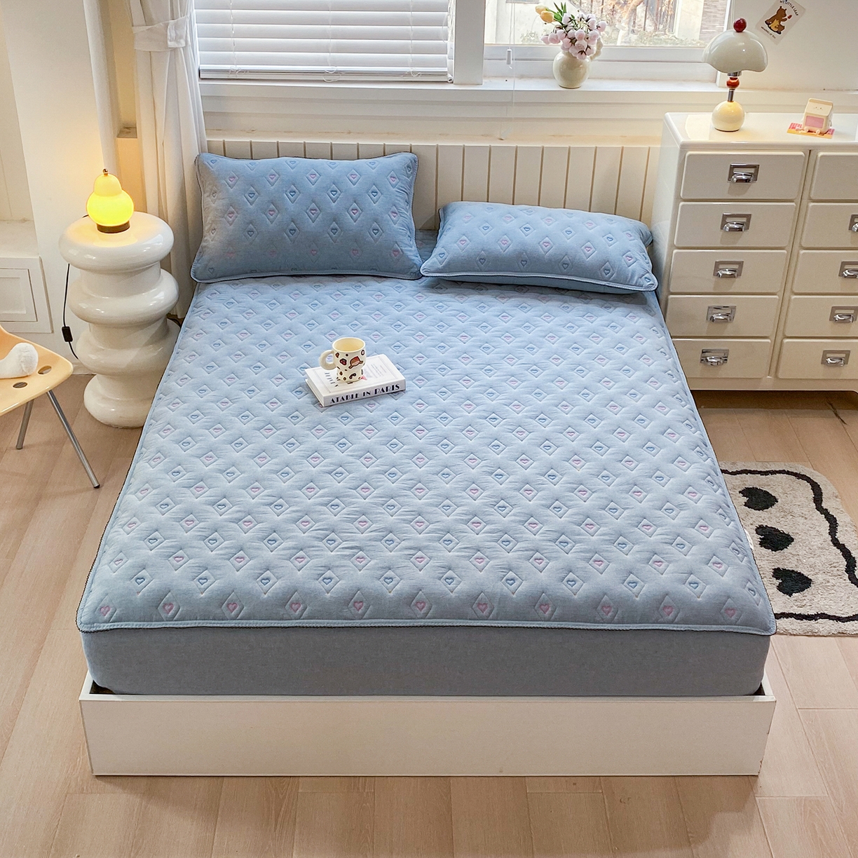 91家纺网 家纺一手货源 找家纺 尊康家纺（原磊科） 2026新款全棉水洗棉色织大豆棉床笠-心语系列 心语-天空蓝