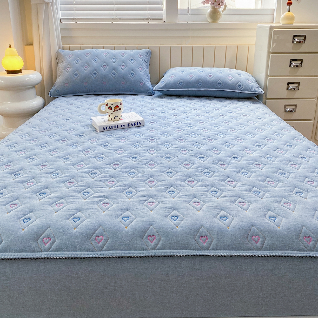 91家纺网 家纺一手货源 找家纺 尊康家纺（原磊科） 2026新款全棉水洗棉色织大豆棉床笠-心语系列 心语-天空蓝