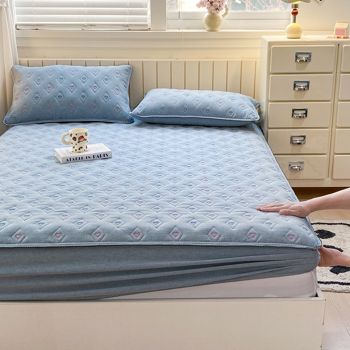 91家纺网 家纺一手货源 找家纺 尊康家纺（原磊科） 2026新款全棉水洗棉色织大豆棉床笠-心语系列 心语-天空蓝