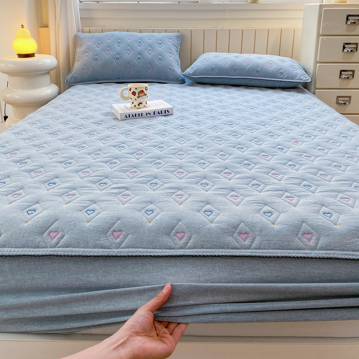 91家纺网 家纺一手货源 找家纺 尊康家纺（原磊科） 2026新款全棉水洗棉色织大豆棉床笠-心语系列 心语-天空蓝