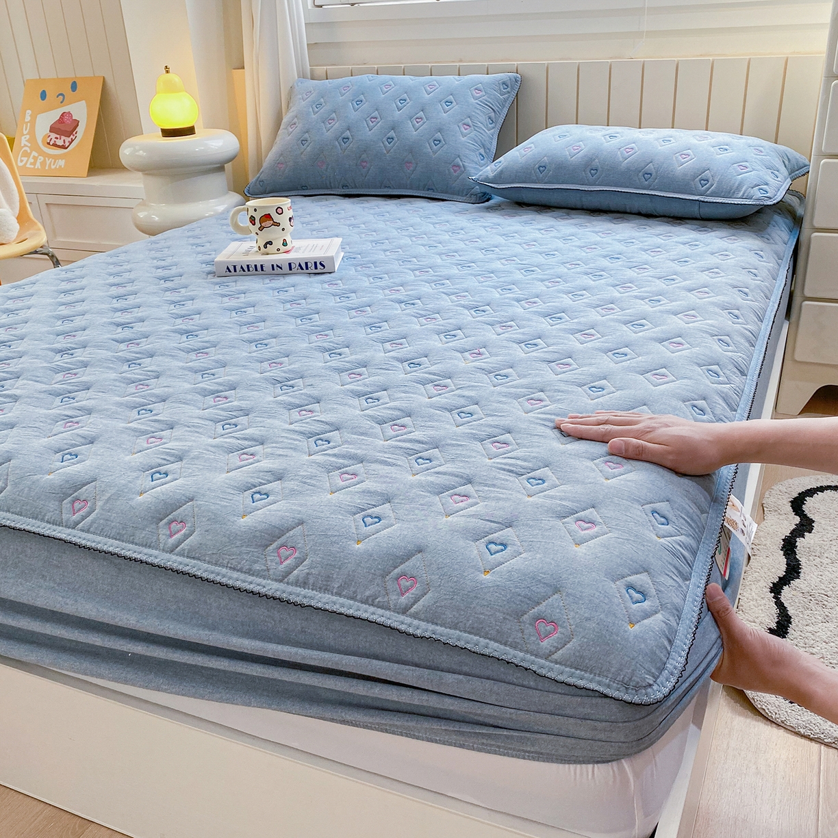 91家纺网 家纺一手货源 找家纺 尊康家纺（原磊科） 2026新款全棉水洗棉色织大豆棉床笠-心语系列 心语-天空蓝