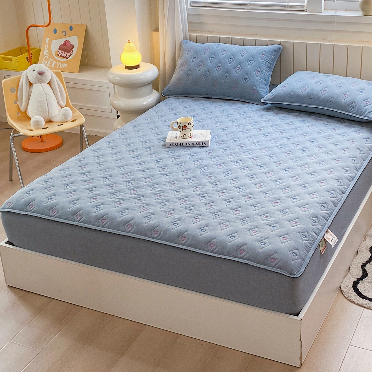 91家纺网 家纺一手货源 找家纺 尊康家纺（原磊科） 2026新款全棉水洗棉色织大豆棉床笠-心语系列 心语-天空蓝