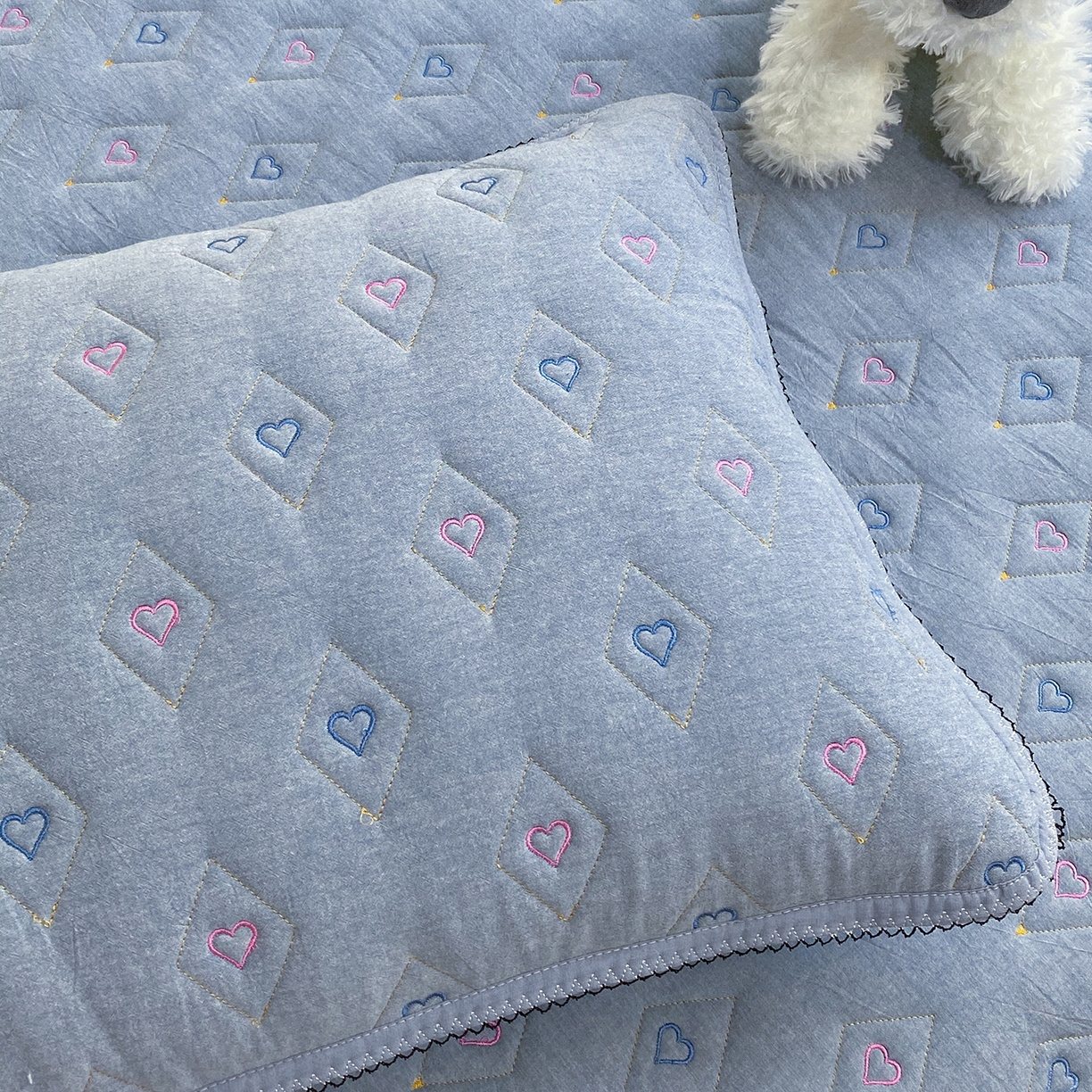 91家纺网 家纺一手货源 找家纺 尊康家纺（原磊科） 2026新款全棉水洗棉色织大豆棉床笠-心语系列 心语-天空蓝