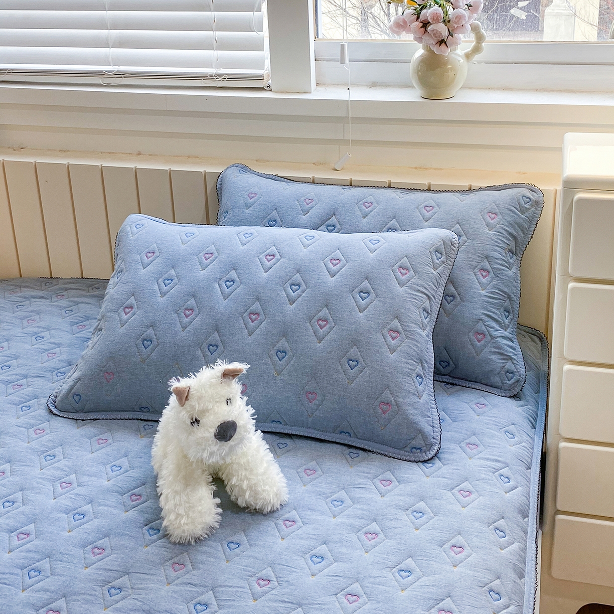 91家纺网 家纺一手货源 找家纺 尊康家纺（原磊科） 2026新款全棉水洗棉色织大豆棉床笠-心语系列 心语-天空蓝