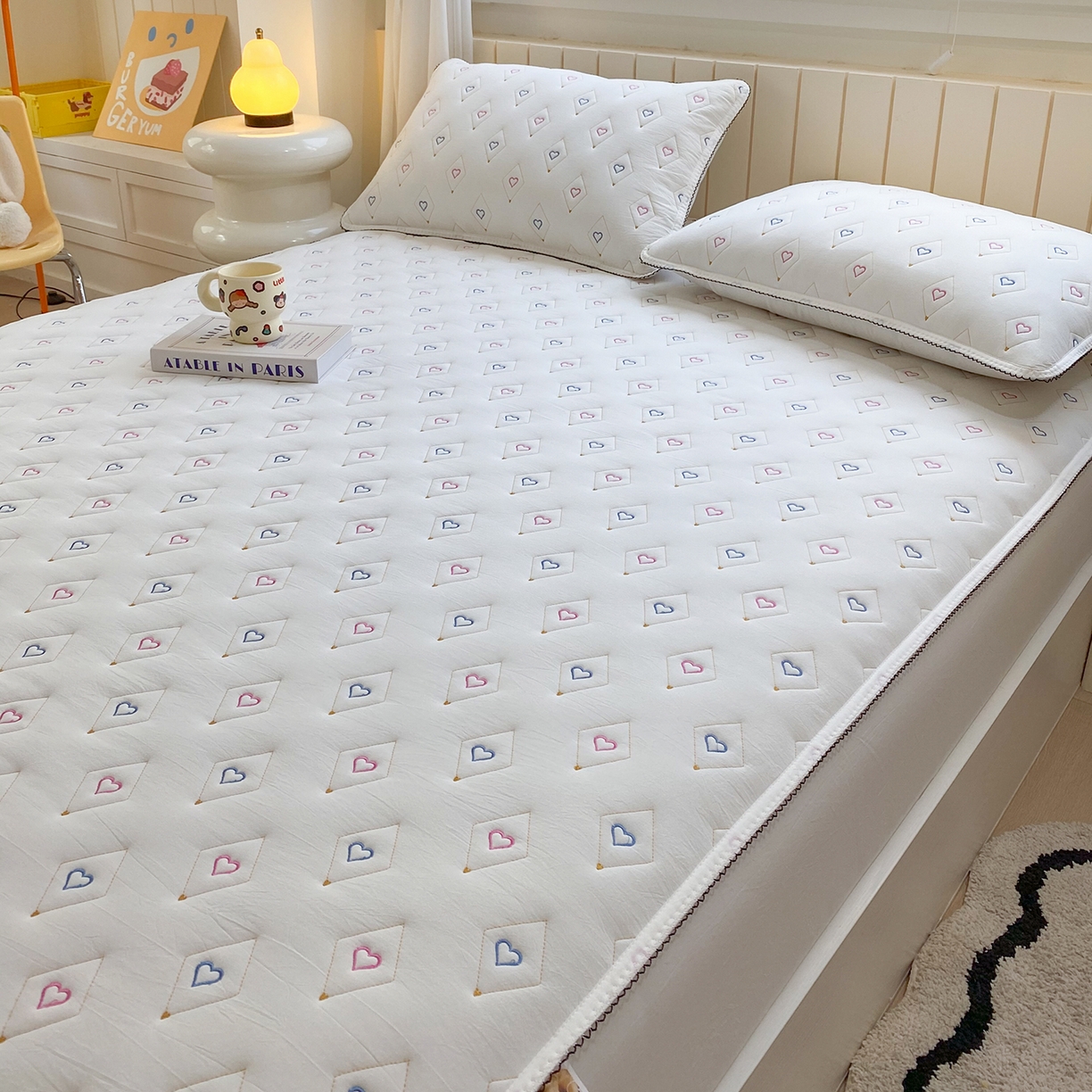 91家纺网 家纺一手货源 找家纺 尊康家纺（原磊科） 2026新款全棉水洗棉色织大豆棉床笠-心语系列 心语-珍珠白